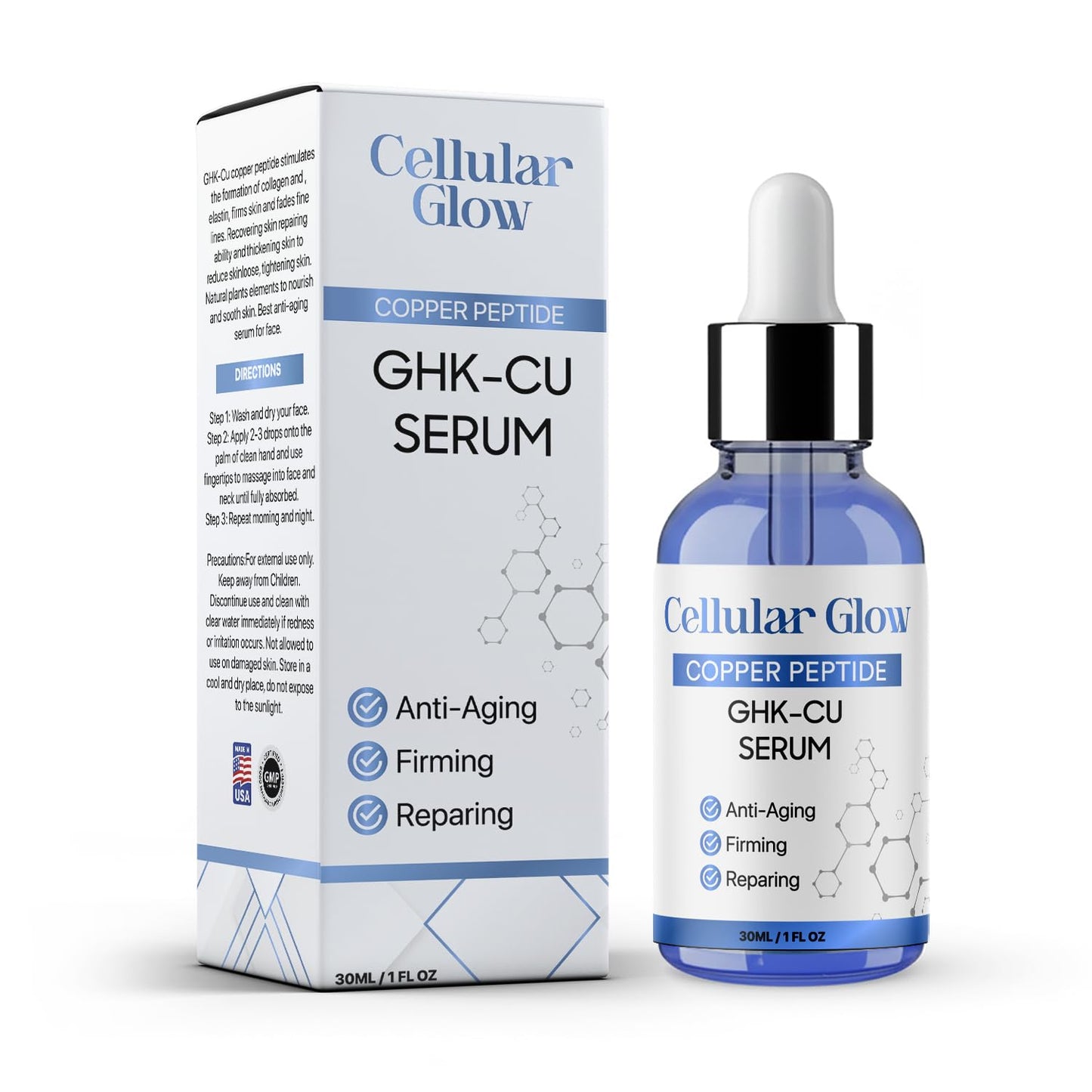 Cellular Glow GHK-CU Serum bottle and packaging on a white background