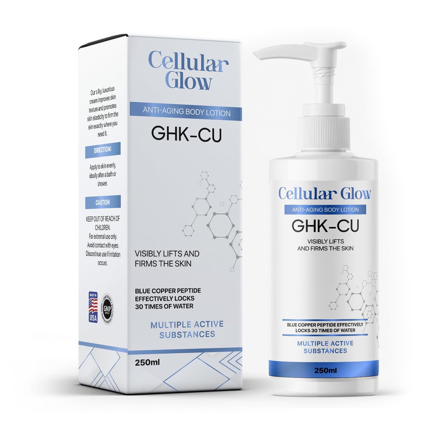 Cellular Glow GHK-CU anti-aging body lotion with packaging on a white background