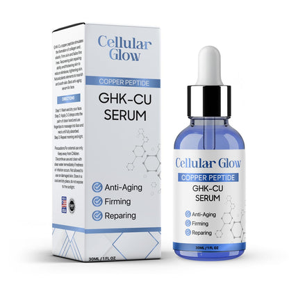 Cellular Glow GHK-CU Serum bottle and packaging on a white background