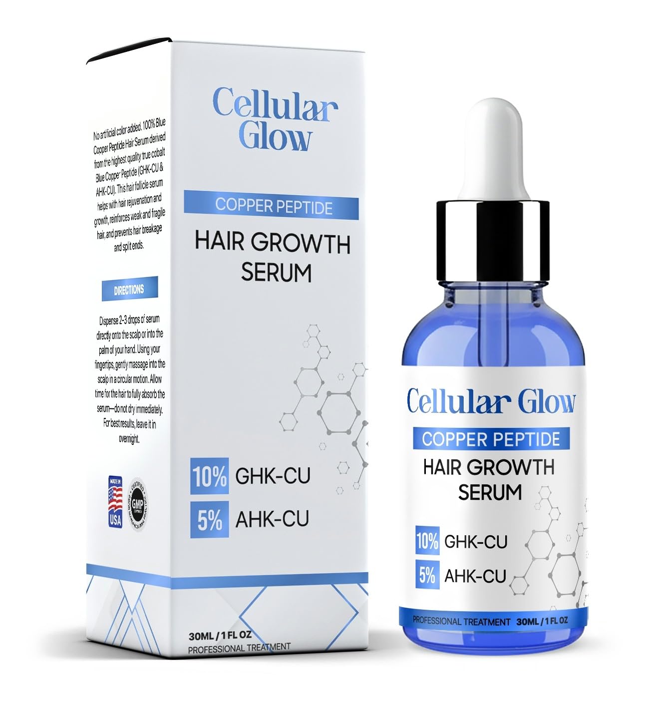 Cellular Glow hair growth serum with dropper and packaging on a white background