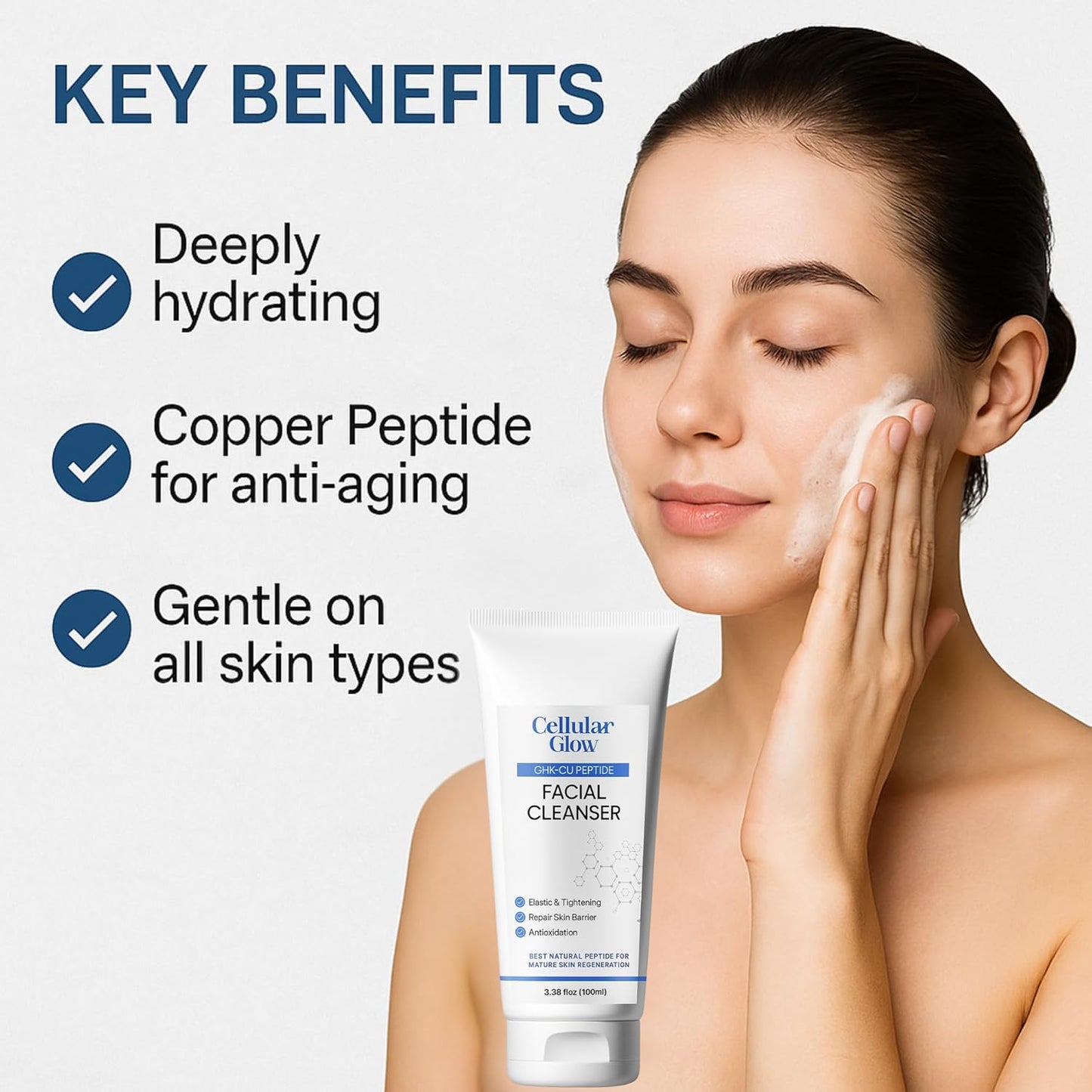 Woman applying facial cleanser with product benefits listed on a white background