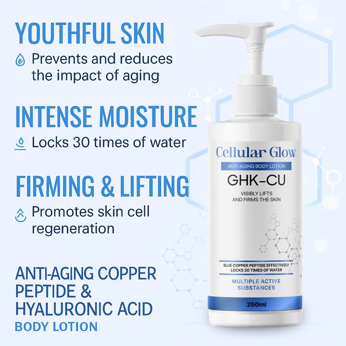 Body lotion bottle with text highlighting benefits on a light blue background