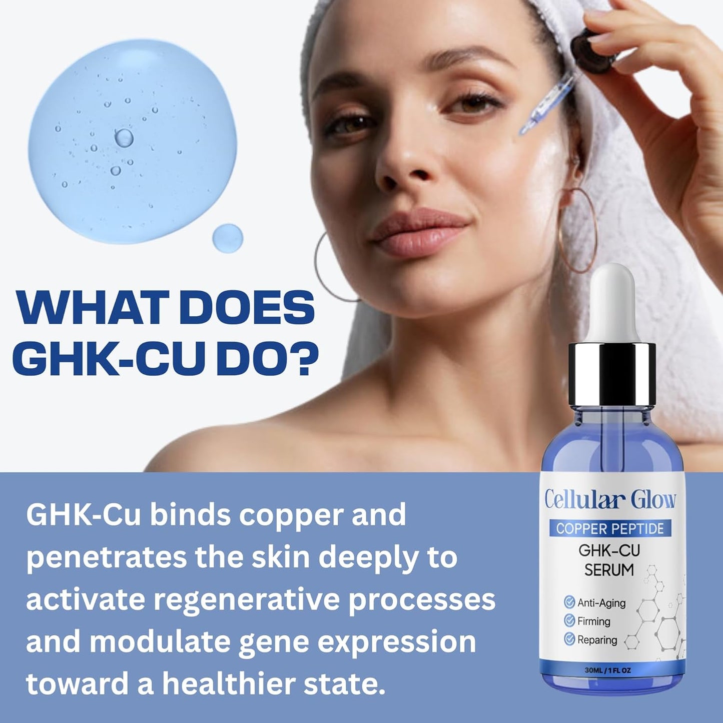 Woman applying serum to face with text about GHK-Cu and a bottle of Cellular Glow serum.