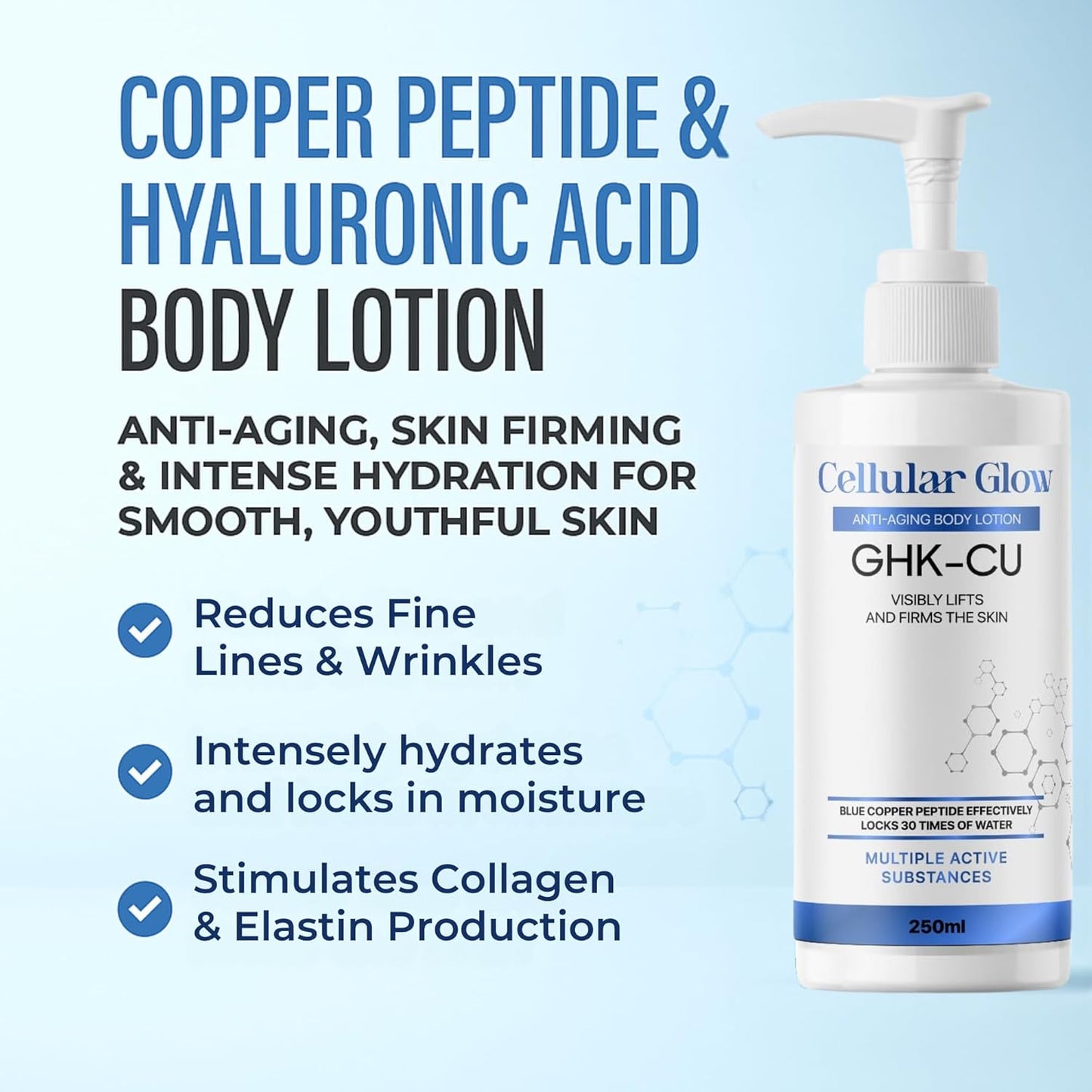 Body lotion bottle with text highlighting benefits on a light blue background