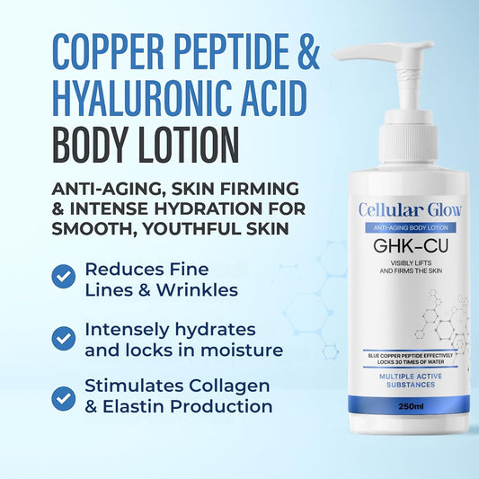 Body lotion bottle with text highlighting benefits on a light blue background