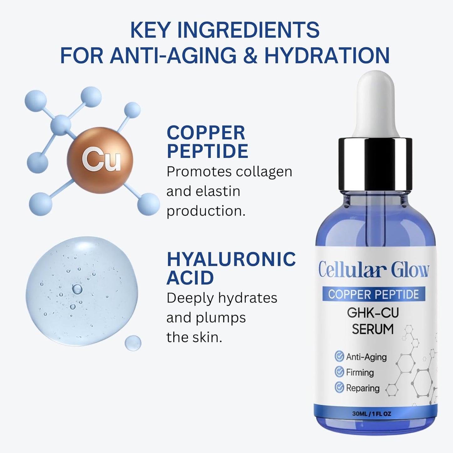 Cellular Glow serum bottle with key ingredients for anti-aging and hydration on a white background