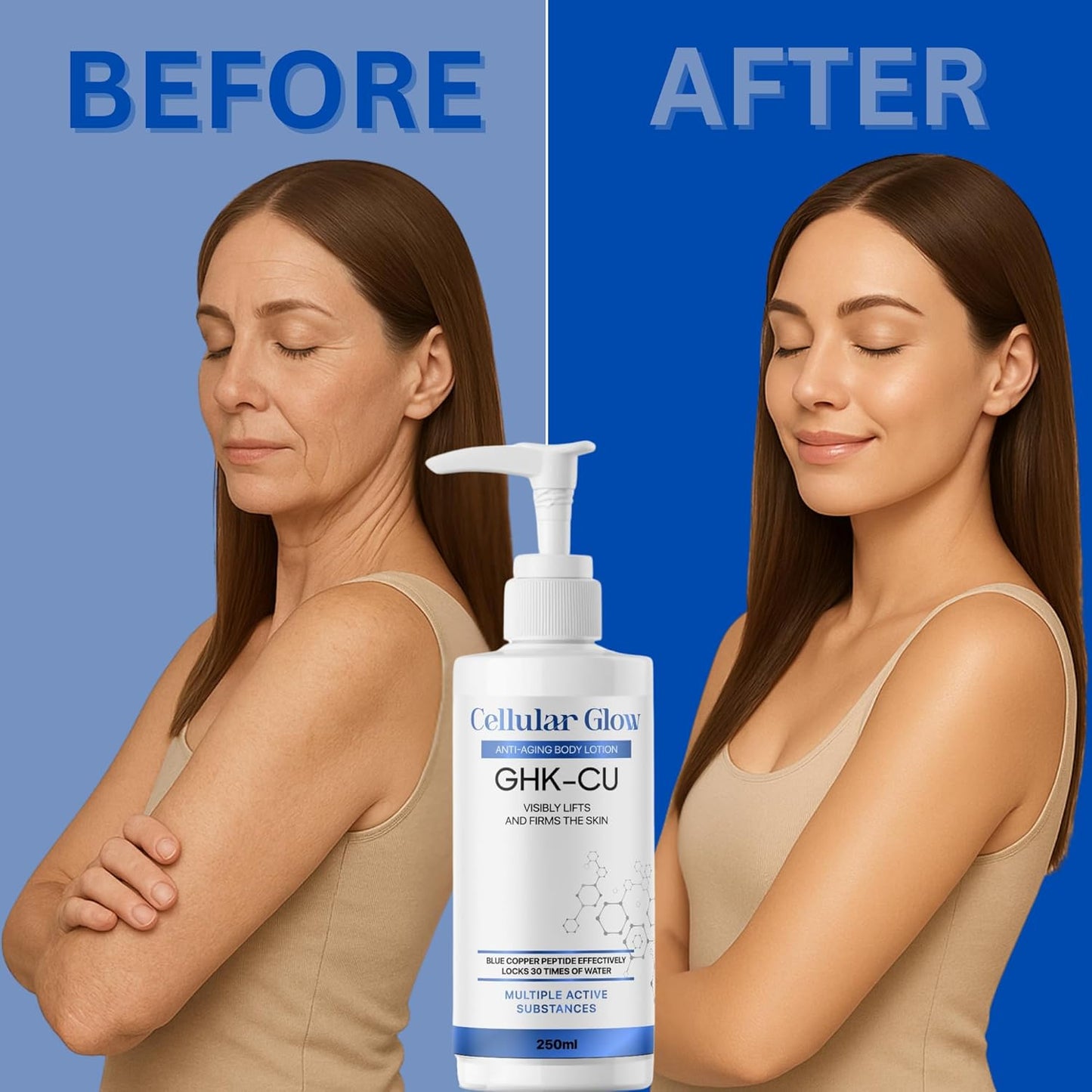 Before and after comparison of a woman's face with a bottle of Cellular Glow GHK-CU product.