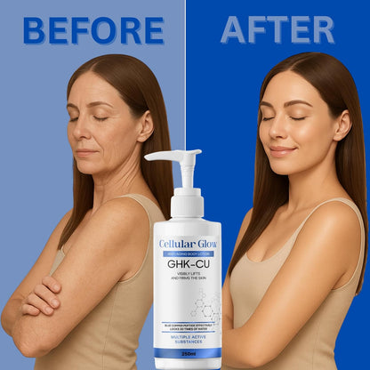 Before and after comparison of a woman's face with a bottle of Cellular Glow GHK-CU product.