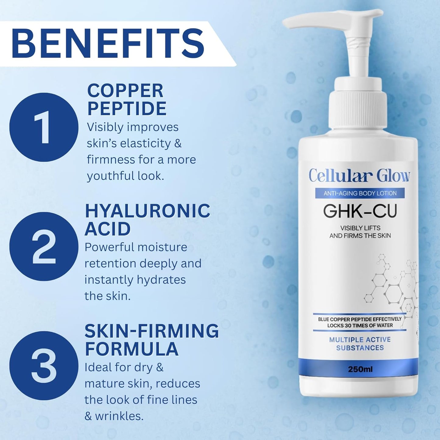 Bottle of Cellular Glow GHK-CU lotion with benefits listed on a blue background