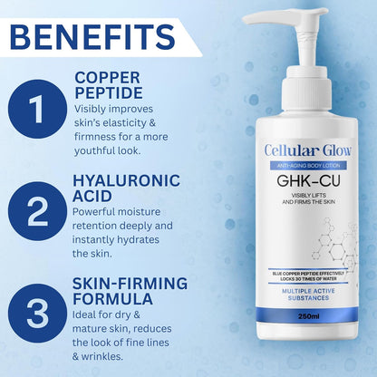 Bottle of Cellular Glow GHK-CU lotion with benefits listed on a blue background