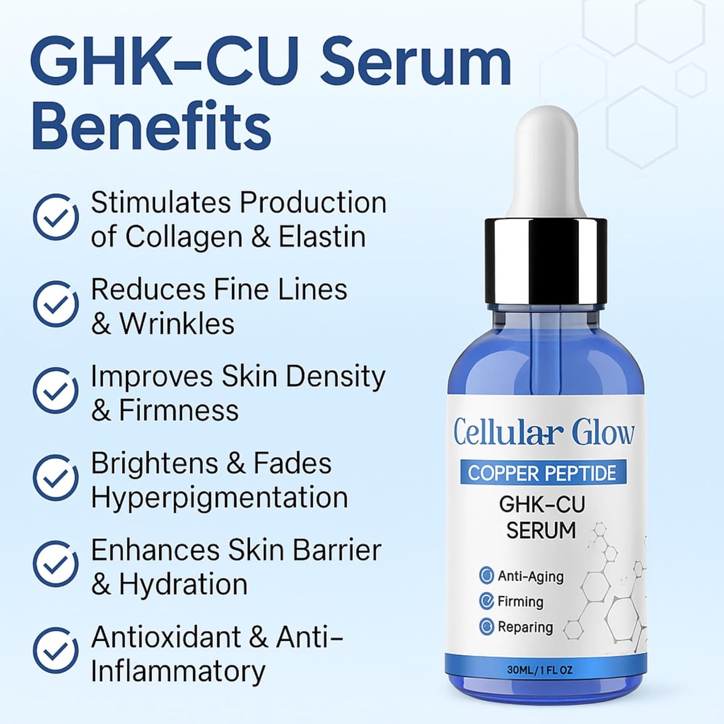 GHK-CU Serum bottle with benefits listed on a light blue background