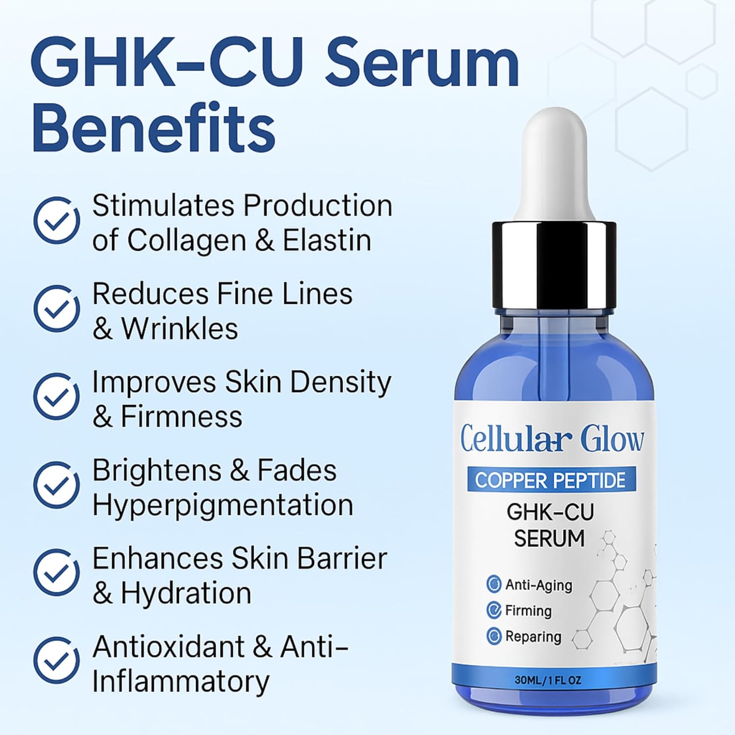 GHK-CU Serum bottle with benefits listed on a light blue background
