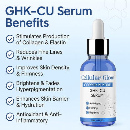 GHK-CU Serum bottle with benefits listed on a light blue background