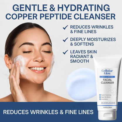 Facial cleanser with a woman applying it, featuring text about its benefits.