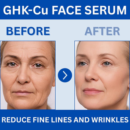 Before and after effect of GHK-Cu face serum on a woman's face.