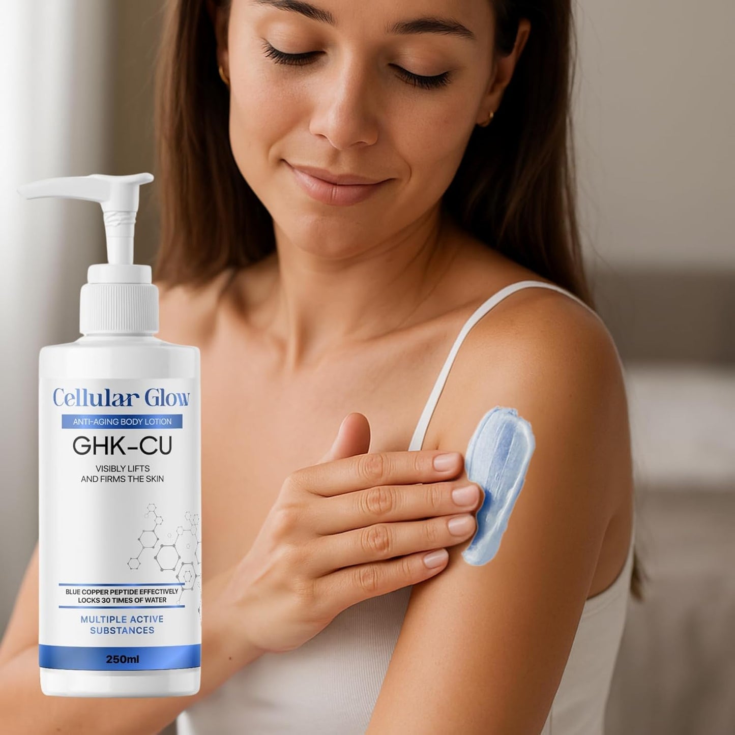 Woman applying Cellular Glow GHK-CU lotion to her arm with a close-up of the product.