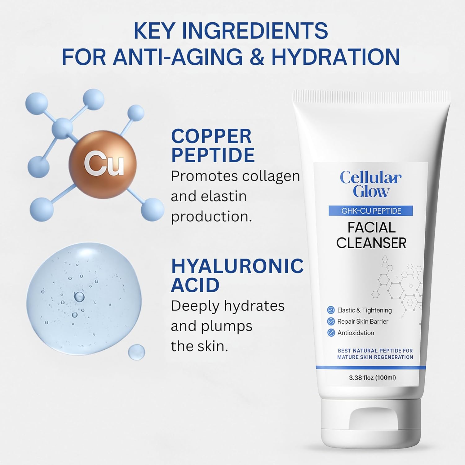 Facial cleanser with key ingredients for anti-aging and hydration on a white background