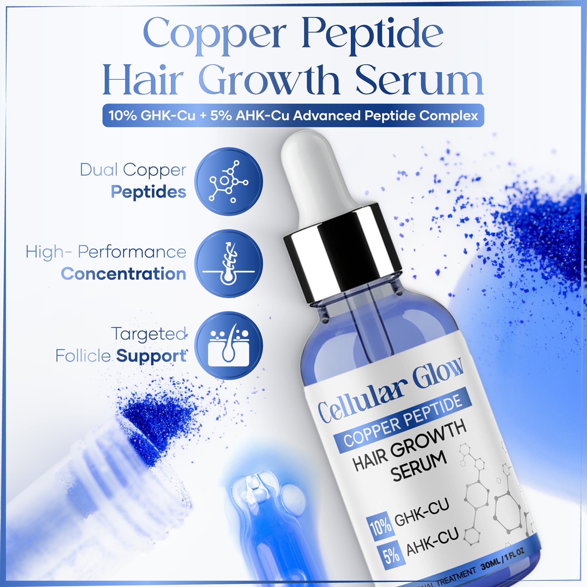 Cellular Glow Hair Serum 10% GHK-Cu + 5% AHK-Cu Peptides Cellular Glow Hair Serum 10% GHK-Cu + 5% AHK-Cu Peptides