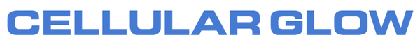 Logo of Cellular Glow with blue text on a white background