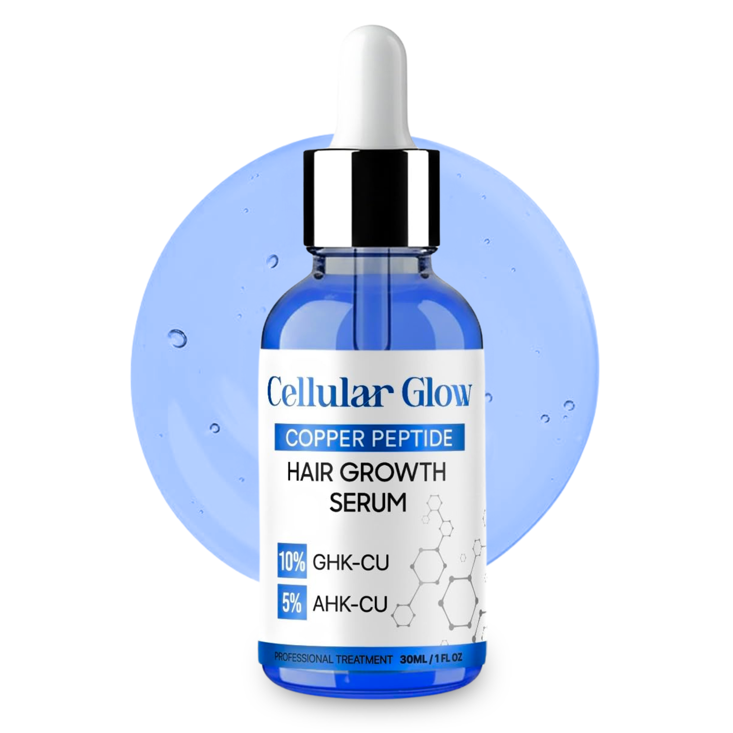 Bottle of Cellular Glow hair growth serum with dropper on a white background