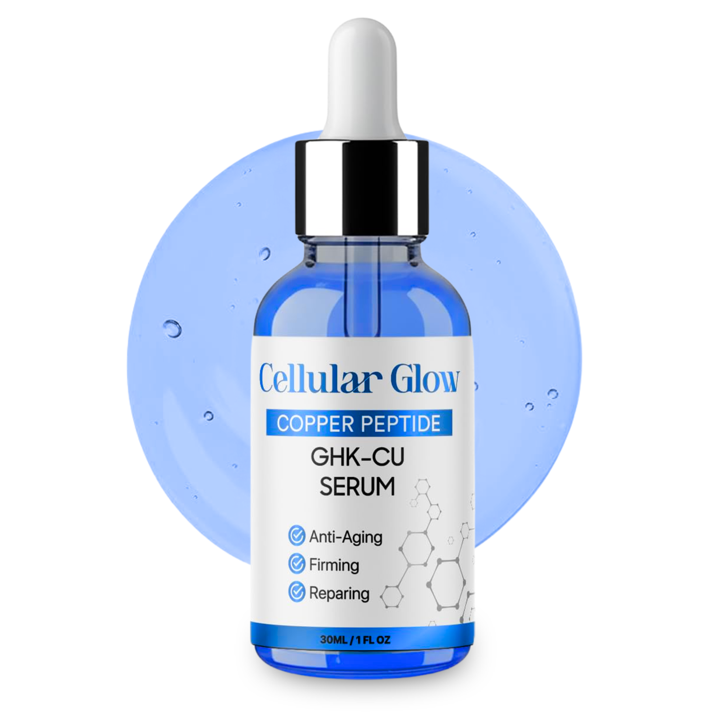 Bottle of Cellular Glow Copper Peptide GHK-CU Serum with dropper on a white background