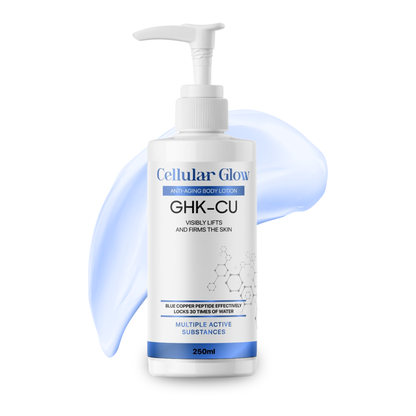 Bottle of Cellular Glow GHK-CU anti-aging body lotion on a white background